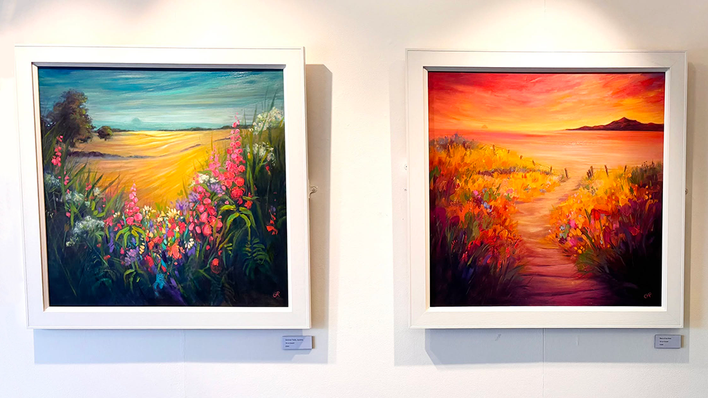 Two art pieces created by Gillian Park hanging on the wall at the Harbour Arts Centre