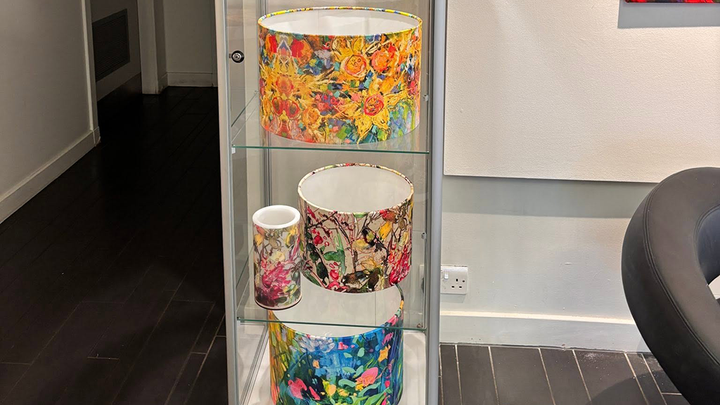 4 lampshades with art by Gillian Park on them in a display case at the Harbour Arts Centre